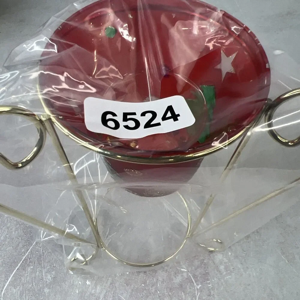 Vintage Hand painted Red Glass Candle Holder With‎ Metal Stand Chipped Paint